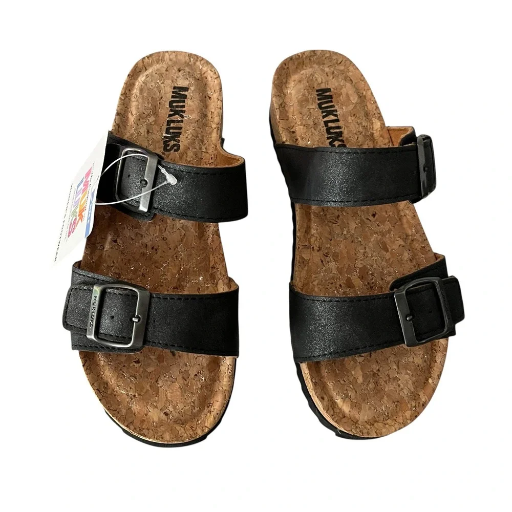 NEW Muk Luks Women's Adjustable Buckle Slide Sandals Black Cork Size 6 - Picture 9 of 11